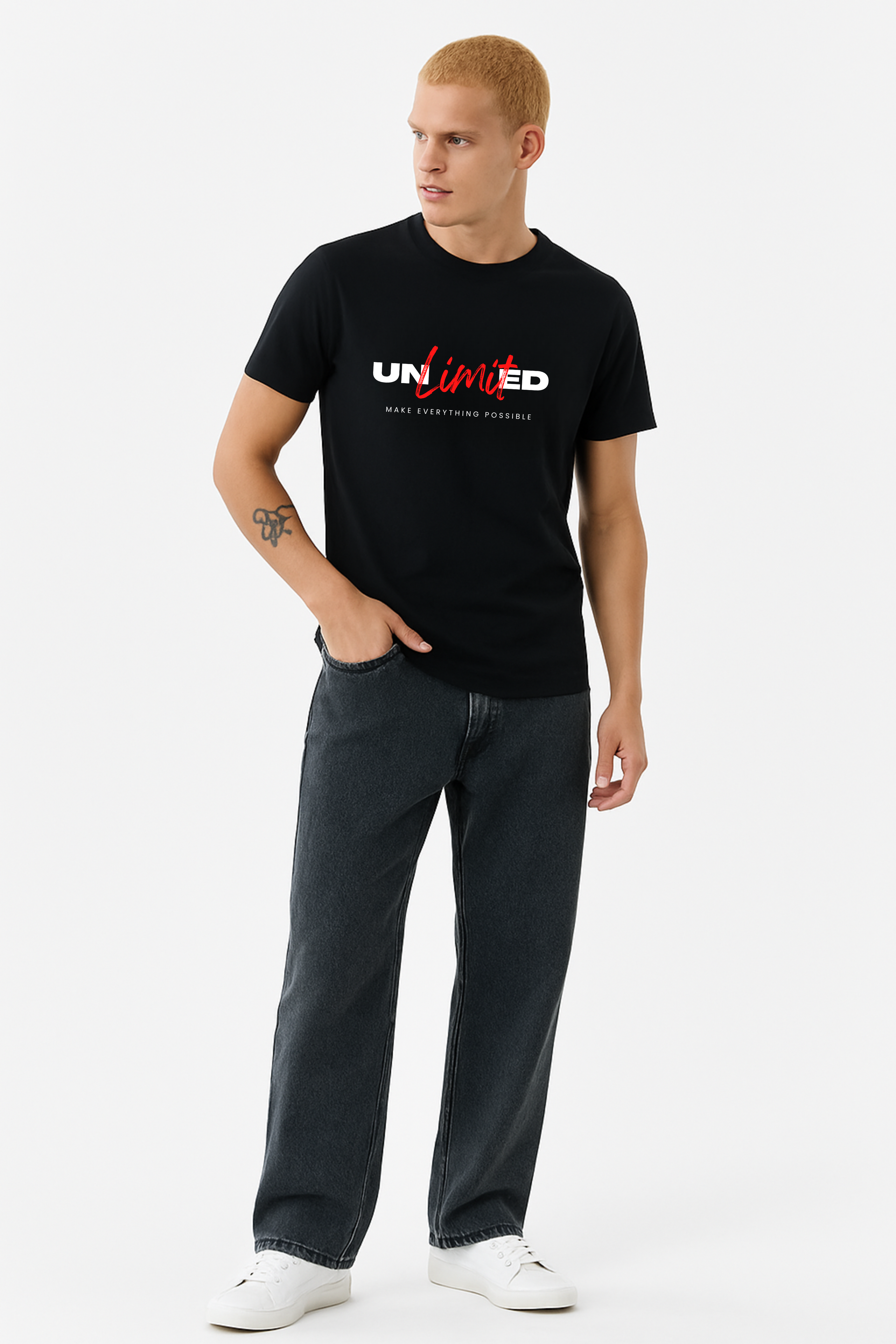 Black "Unlimited" Graphic T-Shirt.