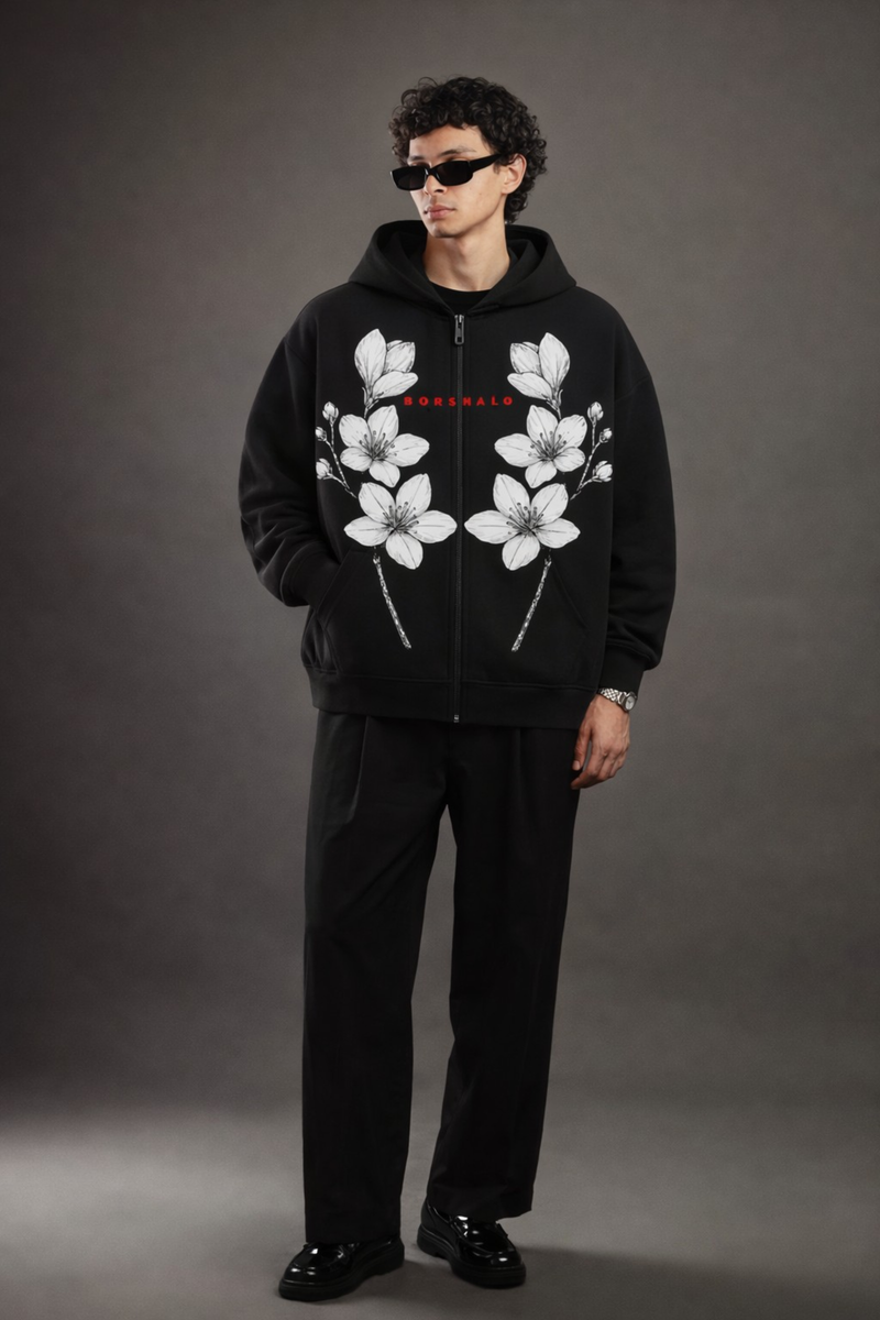 Floral Drip black Oversized Hoodie