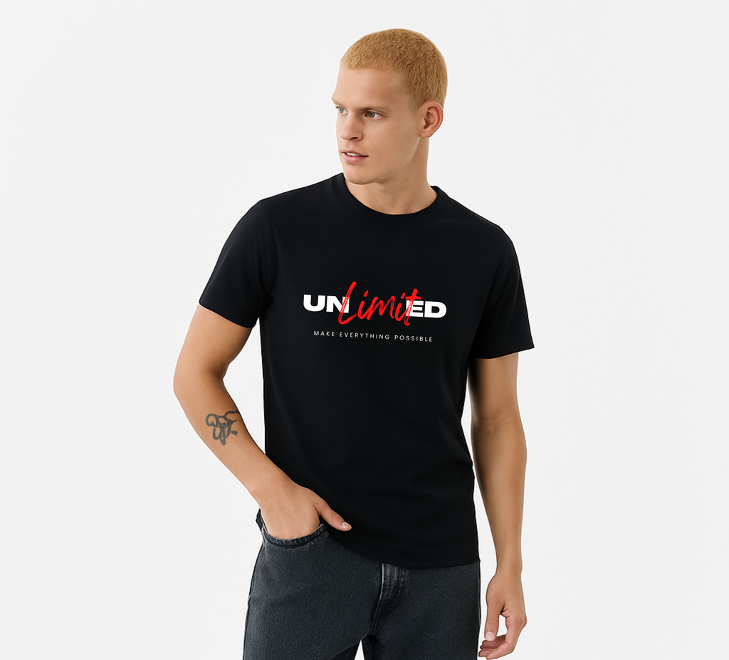 Black "Unlimited" Graphic T-Shirt.